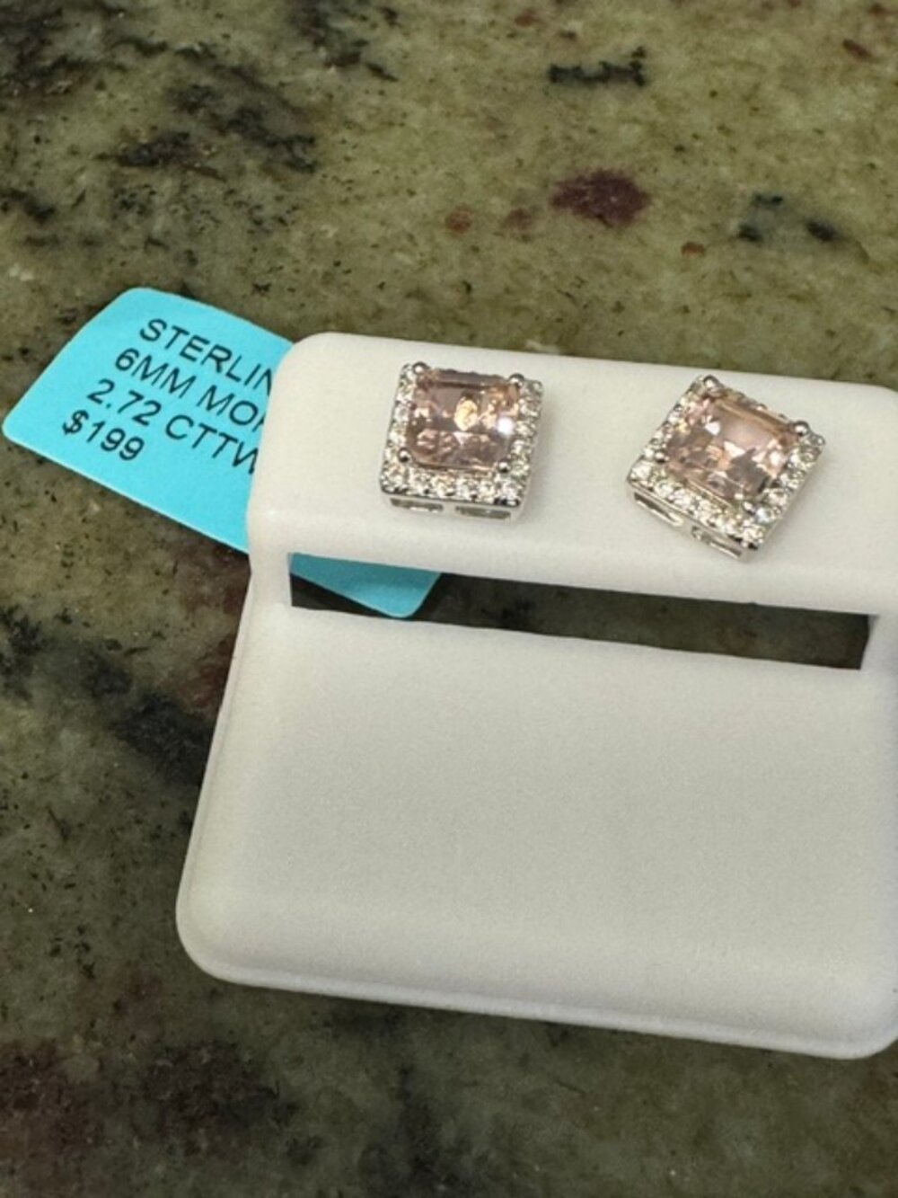 2.72 CTW Morganite 925 Sterling Silver Asscher-Cut Halo Stud Earrings 6mm- NWT